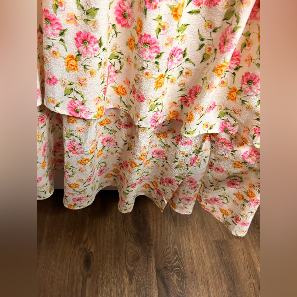 Arula Women’s White With Pink Flowers Floral Tiered Smocked Maxi Dress Size XL - Picture 3 of 7